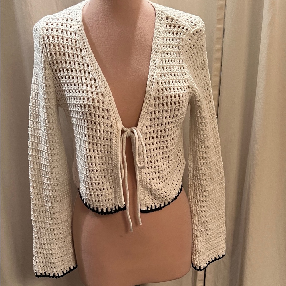 Bershka White Crochet Cardigan with Black Trim and tie